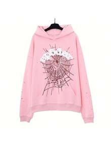 Autumn/Winter Clothing: Street-Style Hip-Hop Style Foam Spider Web Hooded Sweatshirt, Fashionable Sporty Hoodie. - 粉色 - 查看 9