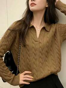 新款女士宽松针织毛衣，麻花针织休闲长袖高领套头衫，秋冬款 - 駝色 - 查看 3