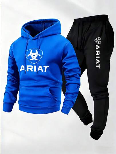Men's Two-Piece Set Featuring A Casual Crew-Neck Long-Sleeve Hoodie Paired With Sweatpants, Adorned With ARIAT Print-The Perfect Autumn/Winter Outfit Choice. The Athletic Ensemble Includes Knit Hoodies, Sweatshirts, Sweatpants, Hooded Sweatshirts, Joggers, Sweatshirts, Trousers, Hooded Sweatshirts, Sweatpants, And Joggers.