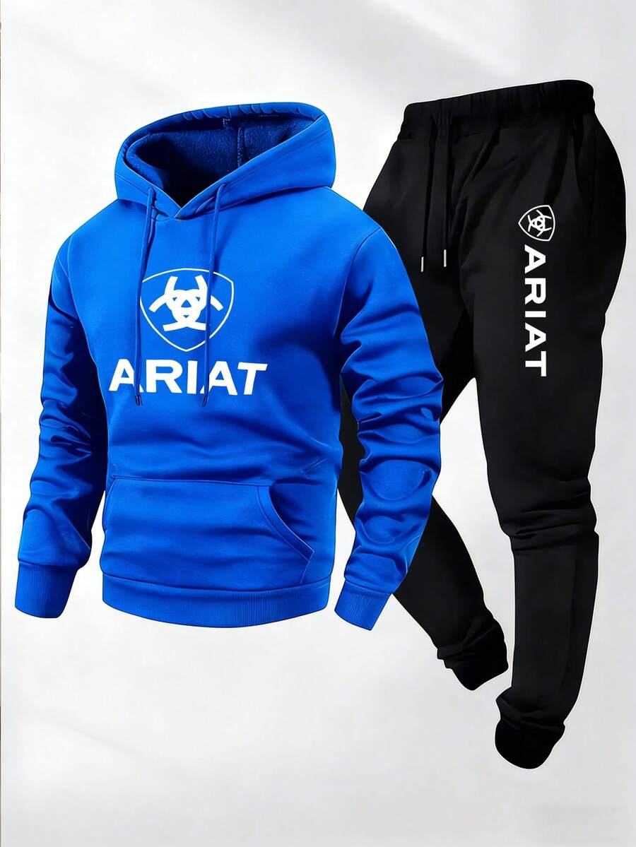 Men's Two-Piece Set Featuring A Casual Crew-Neck Long-Sleeve Hoodie Paired With Sweatpants, Adorned With ARIAT Print-The Perfect Autumn/Winter Outfit Choice. The Athletic Ensemble Includes Knit Hoodies, Sweatshirts, Sweatpants, Hooded Sweatshirts, Joggers, Sweatshirts, Trousers, Hooded Sweatshirts, Sweatpants, And Joggers. - Blue - View 1