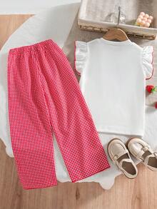 Set de 2 piezas de ropa casual de verano para niñas con top sin mangas con estampado de corazón y lazo, y pantalones con estampado de parches - Blanco - Ver 2