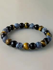 1条/波西米亚风天然虎眼石、黑曜石、裂纹珠弹力手链，男士款，适合日常佩戴，财富饰品，节日礼物 - 黑色 - 查看 5