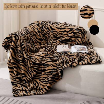 1pc New Zebra Print Faux Fur Plush Double-Layer Warm Blanket, Soft And Smooth Faux Animal Fur Texture, Suitable For Home, Living Room, Bedroom, Sofa, All Seasons, Multi-Functional Throw Blanket To Enhance Your Lifestyle!