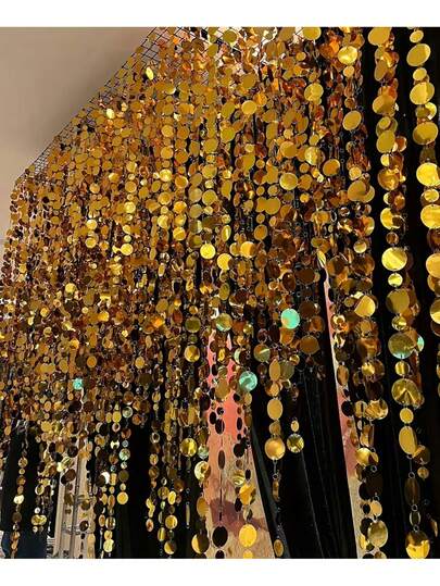 10/5/1pc Gold Mirror Sequin Curtain Decor - Hanging Sequin Garland, Suitable For Wedding, Engagement, Birthday Party, Valentine's Day, Graduation - No Power Needed Decoration