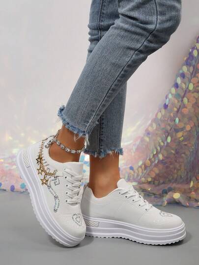 Fashionable Metal Necklace Decor Casual Thick Sole Round Toe Athletic Running Shoes For Women, Versatile For All Seasons