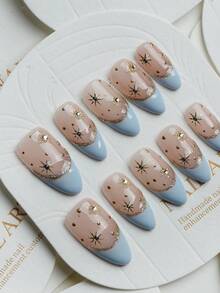 10pcs Almond-Shaped Light Pink Nail Stickers, Sweet & Fashionable Pink & White Polka Dot French Manicure Design, White Versatile Nail Art Set, Suitable For Women's Daily, Date, Commute, Party Occasions, Can Be Used For Press-On Nails And Other Nail Products.