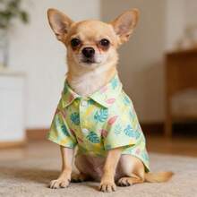 1pc Printed Lapel Pet Shirt - Tropical Leaf & Flamingo Print Short Sleeve, Breathable Puppy Clothes, Medium/Small Dog Apparel, Suitable For Westie, Chihuahua - Yellow - View 3