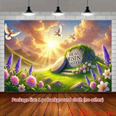 2D Flat Banner 1 Easter Polyester Banner With The Words' He's Resurrected ', Featuring A Vibrant Sunrise Scene With Pigeons And Flowers, Perfect For Holiday Parties, Families, And Garden Celebrations