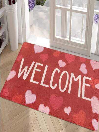 1pc New Valentine's Day Romantic Red & Pink Heart Welcome Doormat, Suitable For Indoor/Outdoor, Home Decor, Room Decor, Bedroom Carpet, Kitchen Carpet, Photo Props, Outdoor Decor Gifts, Holiday Gifts, Area Rugs, All Season
