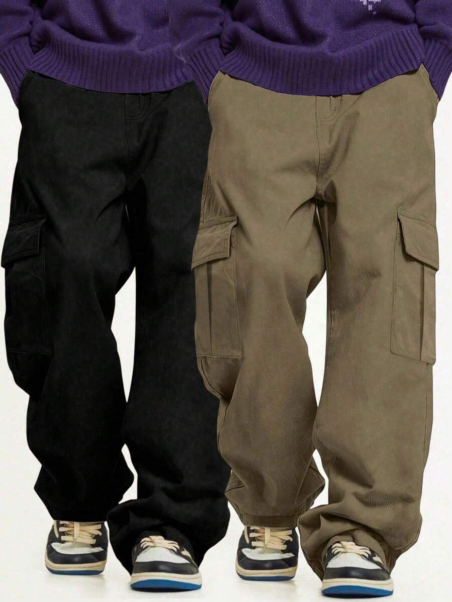 2pcs/Set Casual Loose Cargo Pants For Teenage Boys, With Large Pockets, Suitable For Sports & Outdoor Activities - Camel - View 1