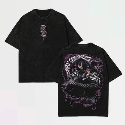 Camiseta Iguro Obanai Lavada – Camiseta de Diseño Anime Unisex Oversize, Camiseta Gráfica de Doble Impresión, Ropa Urbana de  para Moda de Verano