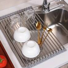 1pc Stainless Steel Expandable Dish Drying Rack Over The Sink Dish Drying Drain Sheet,Color Black And Grey With Adjustable Arms Functional Kitchen Sink Color Black Organizer For Vegetable Fruit Cookware Set For Kitchen Bathroom New Year Chirsmas Gift