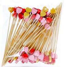 10/20/50/100/200支装心形竹制水果签，适用于情人节派对；4.7英寸天然竹制鸡尾酒签，可用于开胃菜、婚礼、生日派对装饰、水果盘装饰、甜点展示、装饰牙签。 - 彩色 - 查看 2