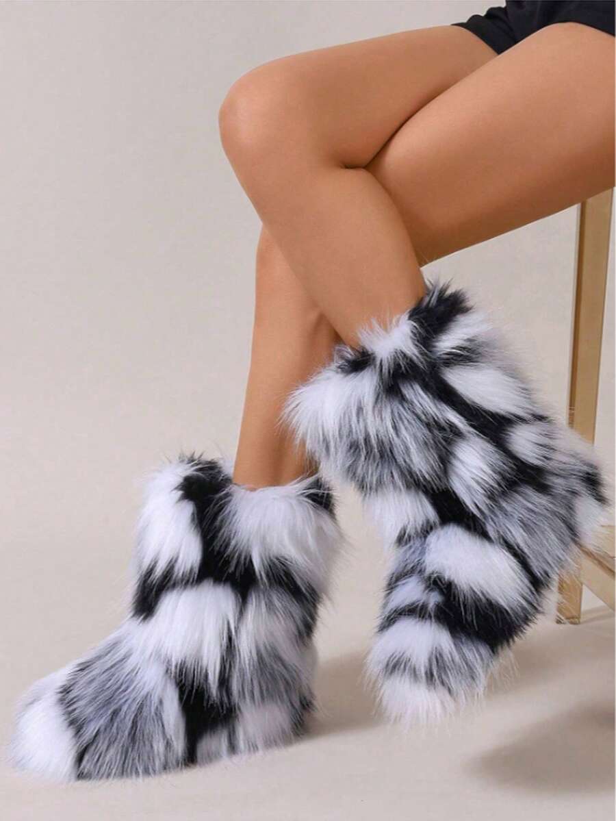 New Rainbow Fur Ankle Boots For Women 2025 Autumn/Winter New Sweet Cool Style Colorful Tie-Dye Faux Fur Warm Fashion Boots Women's Ankle Boots. Furry Boots. Winter BootsSuitable For Extremely Cold Weather. The First Choice For Skiing, Traveling, And Gatherings. - 升級黑白 - 查看 1