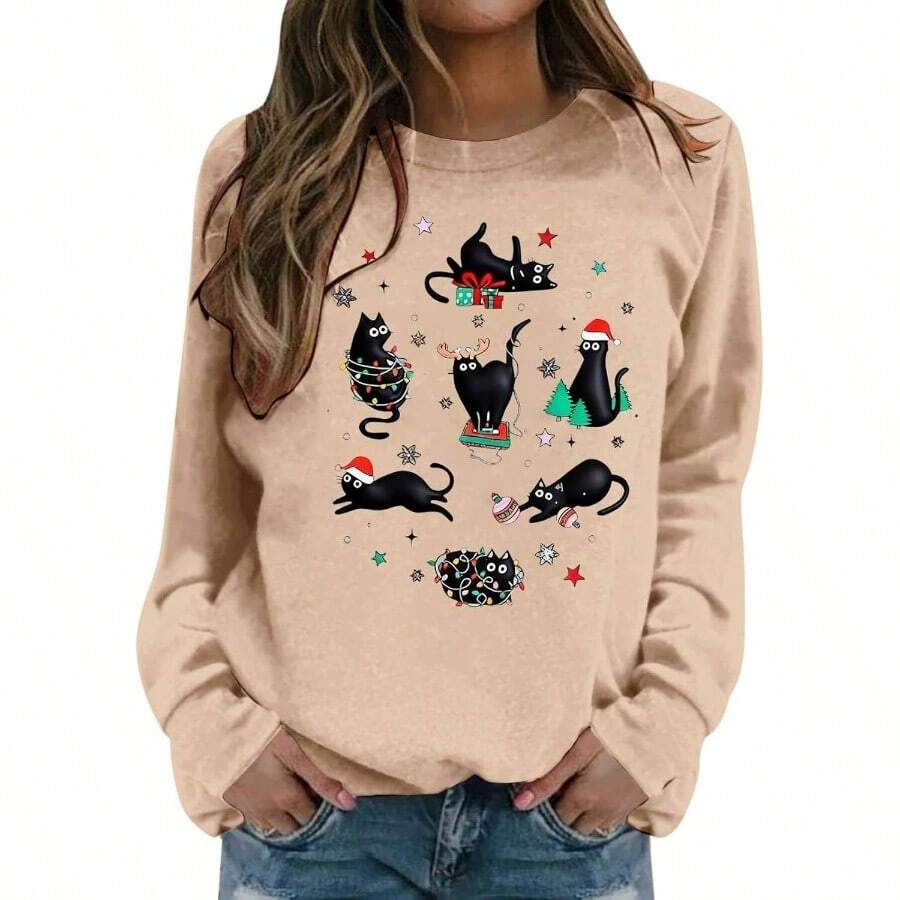 Sudaderas de Navidad para mujer, divertidas y lindas sudaderas de Navidad con gato negro, camiseta ligera de manga larga con cuello redondo - A-Caqui + CH - Ver 1
