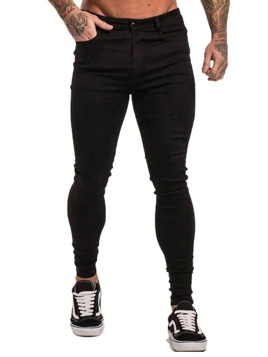 Men's Skinny Jeans, Plain Lycra, Elastane, Premium Style, With Pockets - 黑色 - 查看 1