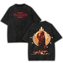 Unisex Oversized Heavyweight Cotton Wash Helldivers 2 Fan-Art T-Shirt, Summer Outfit, Top, Crew Neck Top, Short Sleeve Clothing, Festive And Worn - 黑色 - 查看 6