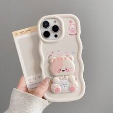 可爱爱心猫咪360°旋转（镜面支架）可爱猫咪彩绘，奶油色图案，糖果色，防摔手机壳，兼容苹果17 Pro Max/16/15/14/13/12/11、三星S26 Ultra/S25/S24/S23、摩托罗拉、荣耀、OPPO、红米等机型 - 白色 - 查看 1