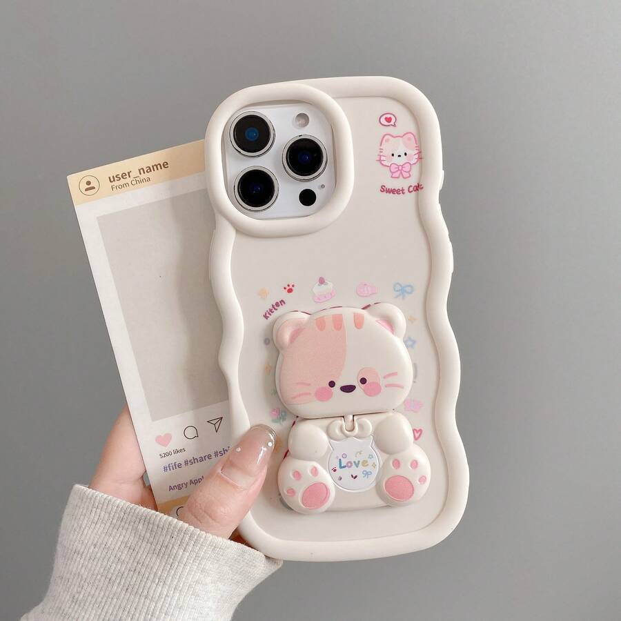 可爱爱心猫咪360°旋转（镜面支架）可爱猫咪彩绘，奶油色图案，糖果色，防摔手机壳，兼容苹果17 Pro Max/16/15/14/13/12/11、三星S26 Ultra/S25/S24/S23、摩托罗拉、荣耀、OPPO、红米等机型 - 白色 - 查看 1