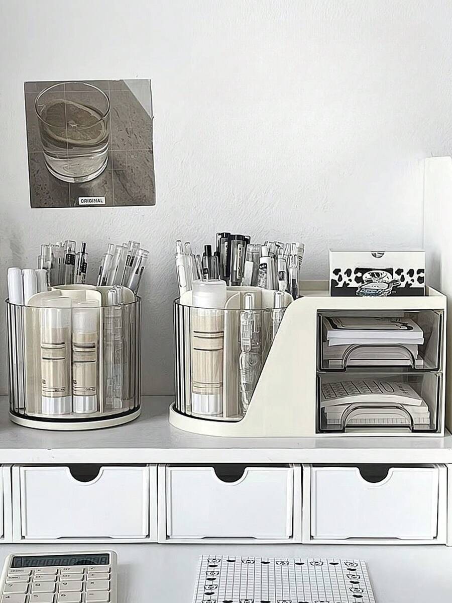 1pc Rotating Desktop Drawer Style Dust-Proof Stationery Storage Box, Detachable Multi-Scene Makeup Brush Organizer - Multicolor - View 1