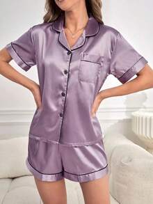 Contrast Piping Satin PJ Set / Pajama Set - Màu tím - Xem 3