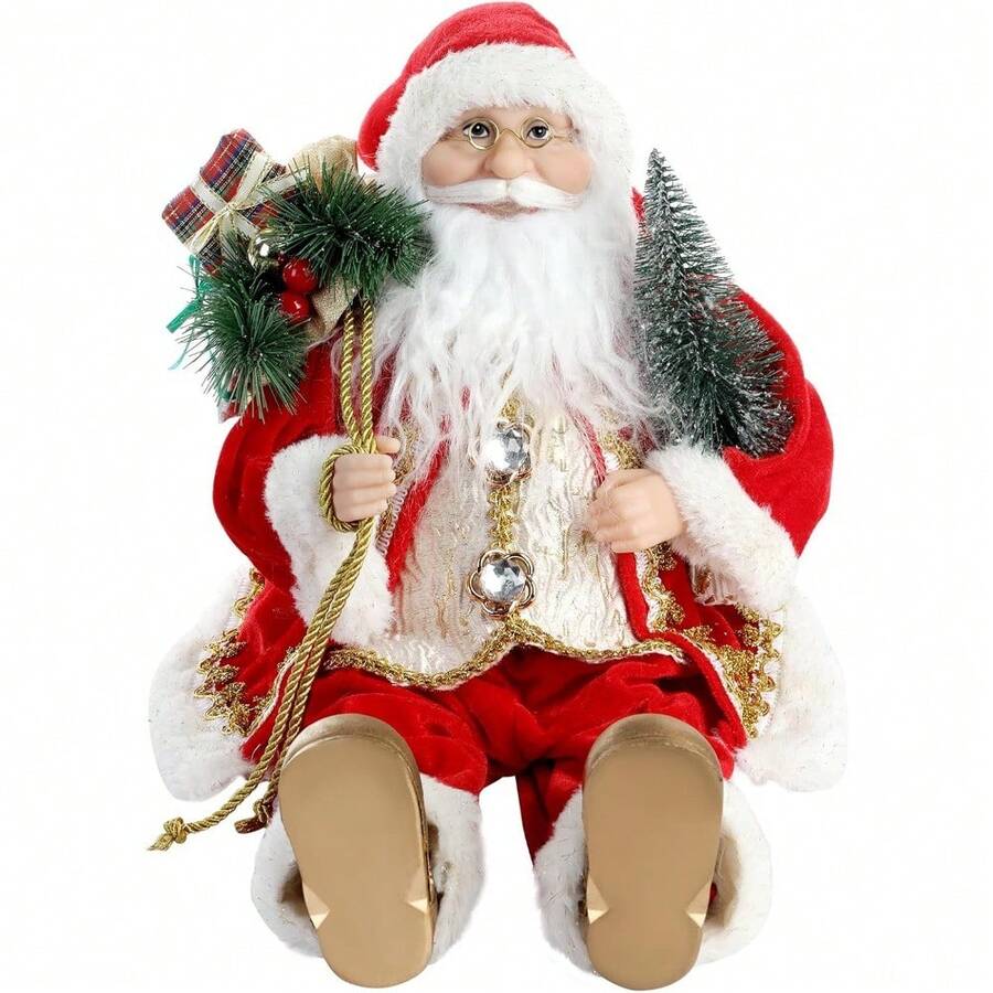 Hand Crafted Realistic Genial Santa Claus, 2025 Style Christmas Decoration, Red Sitting Pose, 18 Inch Statue - Đỏ - Xem 1