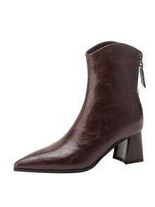 Qiluyuan Botas de tobillo de moda para mujer, nuevas botas elegantes de estilo francés de unicolor, sexy punta puntiaguda con tacón alto y cremallera trasera, versátiles para uso casual, trabajo, fiesta de vacaciones, Navidad, botas de tobillo en marrón, negro - Marrón - Ver 19