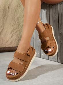 双向魔术贴女士夏季凉鞋，新款时尚露趾休闲百搭户外沙滩拖鞋 - 棕色 - 查看 2