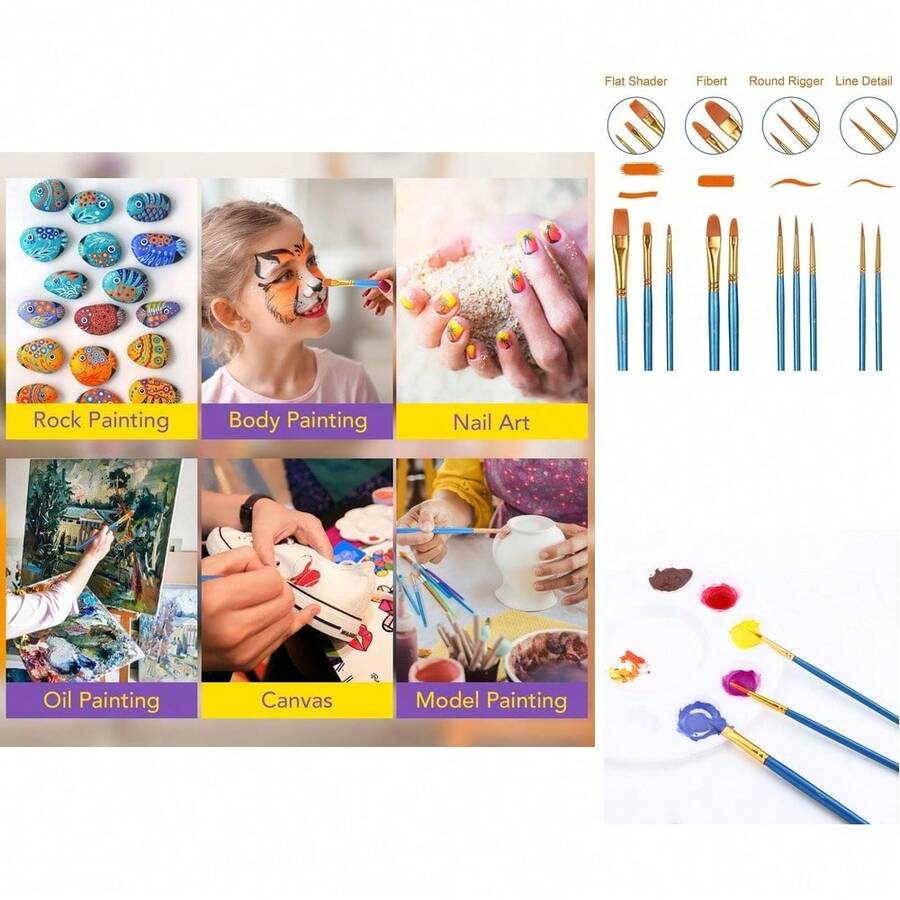 15pcs Acrylic Paint Brush Set With Nylon Bristles And Wood Handles For Oil, Watercolor, Face, Body & Rock Painting, Suitable For Kids And Adults - 藍色 - 查看 1