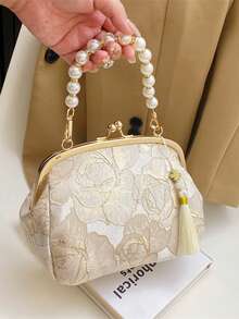 女士优雅串珠刺绣流苏花卉印花手提包/手拿包，适合晚宴、婚礼、宴会等场合，也是母亲节、伴娘、情人节的创意礼物之选。 - 米色 - 查看 11