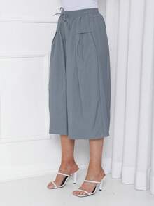 Plain Culottes With Two Elasticated Waist Pockets, Women's Linen, Knot Detail, Wedding Dress. - Xám - Xem 4