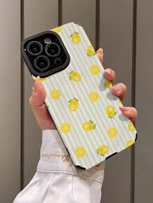 1pc Fashionable Minimalist Blue Striped Lemon & Green Leaf Pattern Vertical Faux Leather Soft Protective Phone Case, Suitable As Birthday, Holiday Gift For Friends, Family, Couples, Fits And Galaxy 17/16 PLUS/16 PRO/16 PRO MAX - Multicolor - View 3