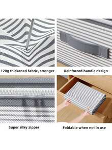 1pc/3pcs 120g Striped Pattern Large Capacity Underbed Storage Bag, Minimalist 120g Non-Woven Rectangular Extra Large Capacity Underbed Storage Bag, Large Opening Transparent Cover Clothes Organizer Bag, Foldable Handle Drawer Style Storage Bag, Suitable For Bedding And Clothing Storage, Suitable For Household Use - Stripe Pattern - View 5