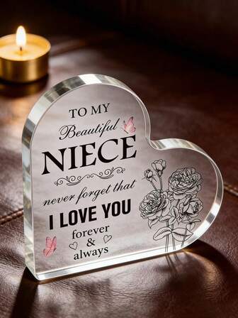 1PC Acrylic Heart-Shaped Commemorative Plaque – "I Love You" Engraved Floral Decorative Plaque, Perfect Gift For Niece/Daughter, Transparent Acrylic Tabletop Decor, Suitable For All Gift Occasions