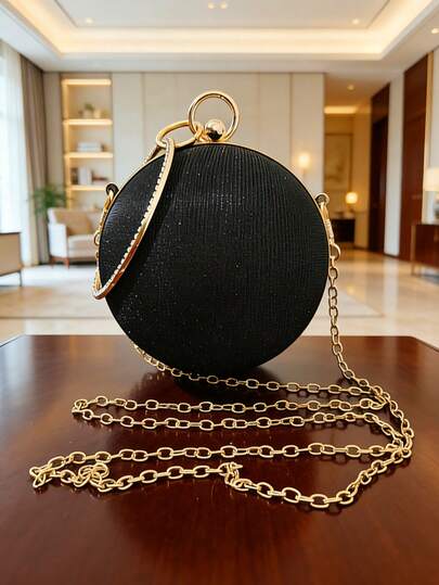 Women's Gold Clutch Bag - Shiny Unique Rhinestone Mini Round Purse, Suitable For Wedding/Reception/Party, Perfect Match With Dresses And Fashionable Outfits