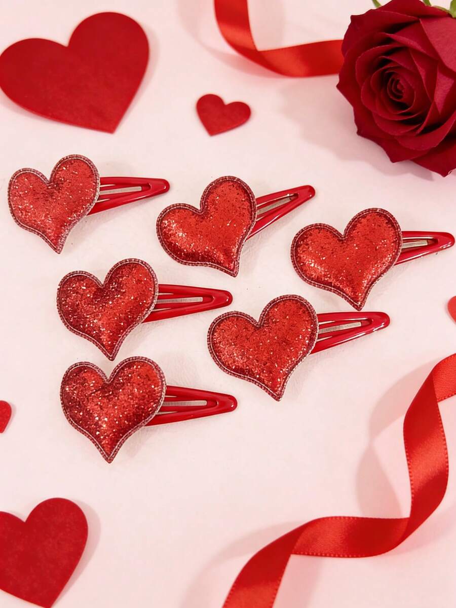Bộ 6 kẹp tóc hình trái tim lấp lánh màu đỏ dành cho nữ, ngày lễ tình nhân - yêu - Xem 1