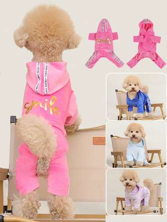 New Arrival Ultra-Soft Fabric Pet - Dog & Cat Four-Legged Clothing With Printed Letters, Elastic Cuffs, Hooded Design, Color-Block Stripes & Hip Elastic Band | All-Season Use (Pink, Purple, Light Blue, Blue) - Suitable For Cats & Small/Medium Dogs (Teddy, Bichon Frise, Yorkshire Terrier, Chihuahua