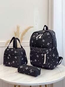 New Bow Tie Print Backpack, Suitable For Elementary, Middle, And High School Students, Laptop Bag - Black - View 6