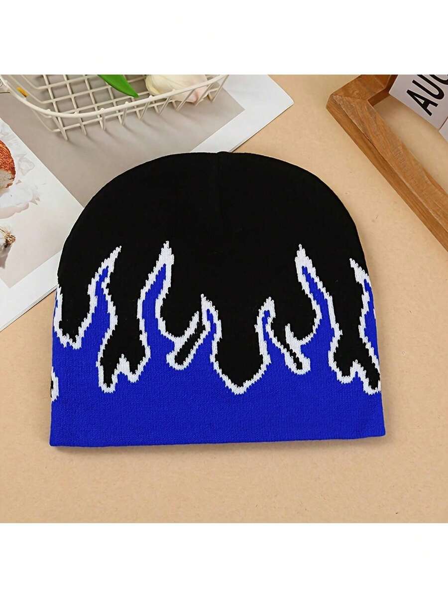 Autumn Winter Simple-Hop Warm Knitted Hat Fashion Versatile Flame Knitted Hat Outdoor Street Unisex Hat - 藍色 - 查看 1