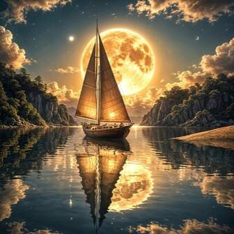 Erwachsenen Landschafts-Diamantmalerei-Set, Vollrund-Diamantkunst, Segelboot-Reflexion auf Wasser Landschaft Leinwand Handwerk, geeignet für Wanddekoration und Anfänger - Majestätischer Mondschein-Segel, Rahmen nicht enthalten