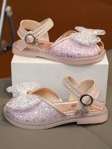 1双时尚百搭女童珍珠水钻蝴蝶结装饰可爱平底凉鞋，圆头，适合日常穿着、跳舞、户外活动，亮片装饰，闭趾公主鞋，春秋季款 - 粉色 - 查看 5