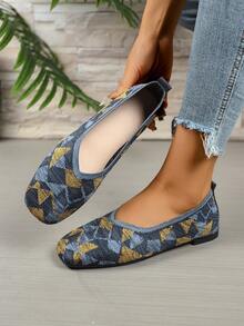 Geometric Pattern Flat Loafers For Women, Soft Sole, Versatile, Breathable, Slip-On, Comfortable Shoes - Blue and Yellow - View 1