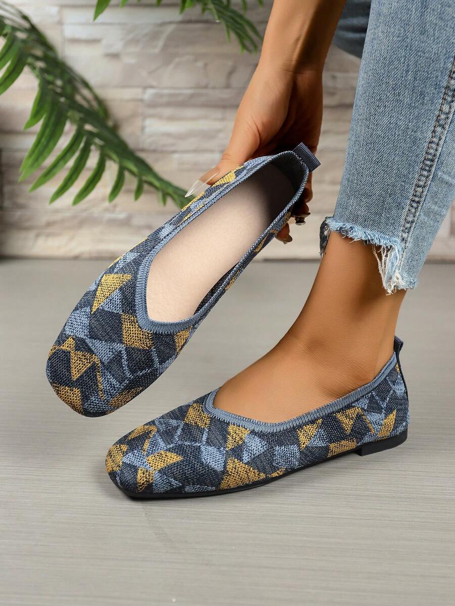 Geometric Pattern Flat Loafers For Women, Soft Sole, Versatile, Breathable, Slip-On, Comfortable Shoes - Blue and Yellow - View 1