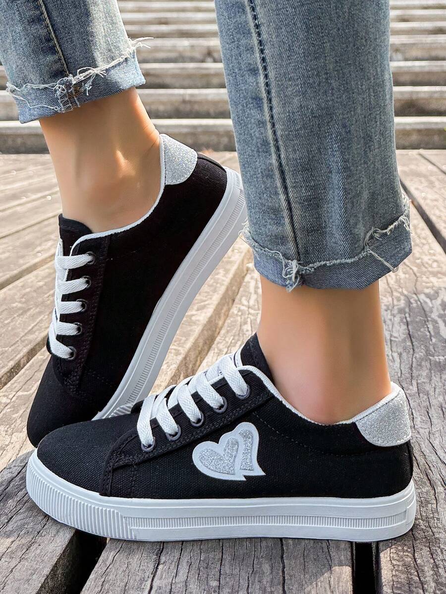 1双女士百搭休闲鞋，前系带平底运动鞋，适合所有季节 - 黑色 - 查看 1