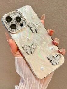 Glam Holographic Rhinestone Butterfly Phone Case - Featuring Iridescent Silver Hologram Back, 3D Crystal-Studded Butterflies, Faux Pearl Accents, Shiny Camera Lens Frame, Shockproof Clear Protective Cover, Sparkly Elegant Aesthetic, Ideal For Glitter Lovers, Feminine Style Seekers & Statement Accessory Fans - Multicolor - View 4