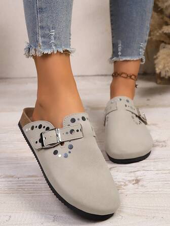 Women's Fashion Backless Mule Slippers, Soft Sole Non-Slip Slip-On Casual Loafers With Buckle Decor, Spring/Autumn New Arrival