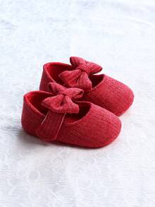 1雙女童可愛的蝴蝶結羊毛布帶設計平底鞋,適合春秋季節穿著 - 酒紅色 - 查看 3