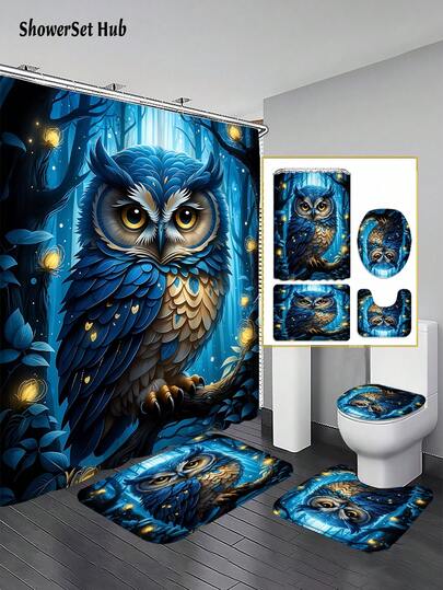 1/3/4pcs Enchanted Forest Nocturnal Bird Pattern Shower Curtain Bathroom Sets,Mystical Blue Owl Waterproof And Wear-Resistant Accessories,With 12 Hooks - Includes Toilet Seat Cover, Bath Mats, And Rugs - Plastic Fabric - Washable,Mildew-Resistant - Perfect For Holiday Decor,Home/Bedroom/House/Western/Spring Decor,
