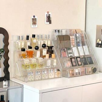 1ชิ้น กล่องเก็บอายแชโดว์อะคริลิค, ลิ้นชักจัดระเบียบเครื่องสำอางแบบใสสำหรับแป้งอัดแข็ง, น้ำหอม, ชั้นวางเครื่องสำอางบนโต๊ะ, ช่องแบ่งหลายชั้นสำหรับจัดระเบียบอย่างเป็นระเบียบ