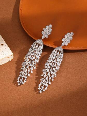 1 par de pendientes con borlas largas de circonita cúbica, adecuados para uso diario, festivales, bodas y citas de las mujeres